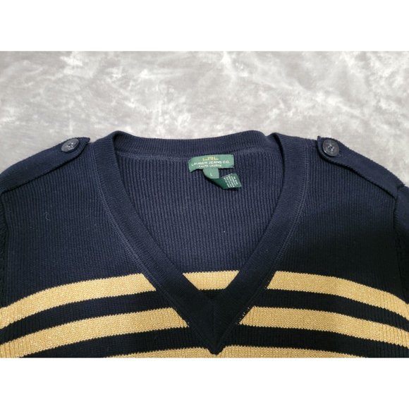 LRL Ralph Lauren Navy Gold Metallic V Neck Striped Pullover Sweater Top sz Large - Picture 4 of 6